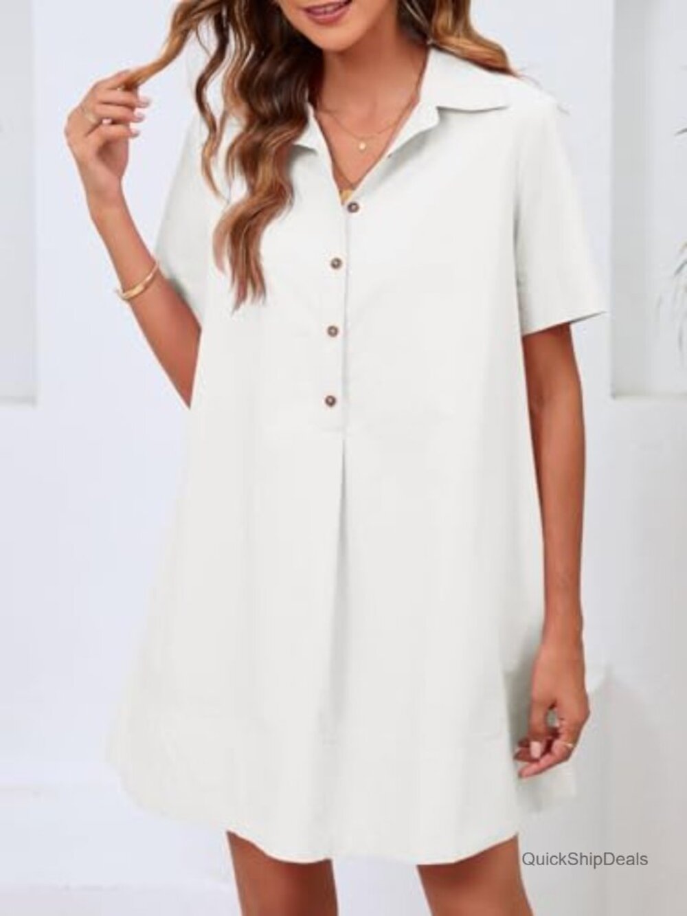 Oversized Button Mini Dress Short Sleeve V Neck Casual Flowy Cotton - Picture 2 of 7